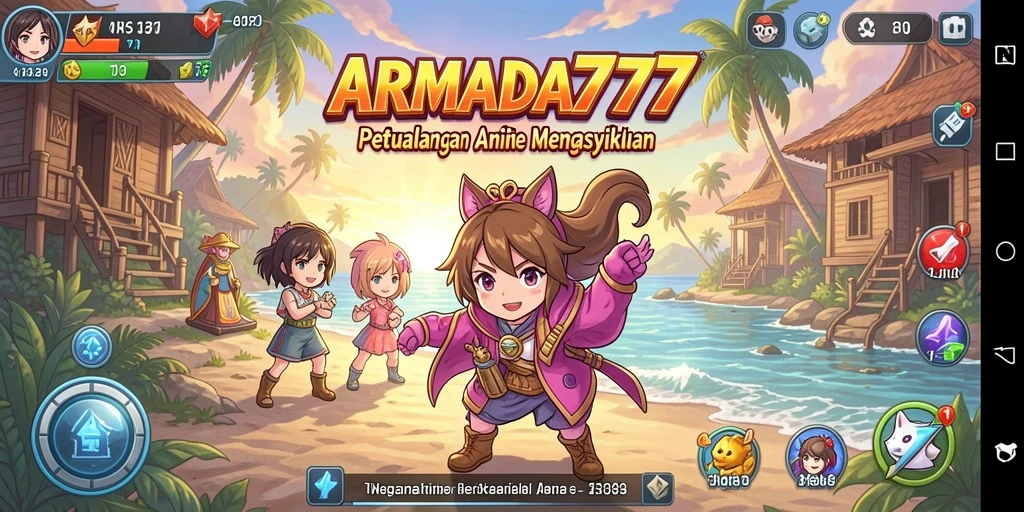 Screenshot utama ARMADA777 menampilkan aksi karakter Anime di medan pertempuran.