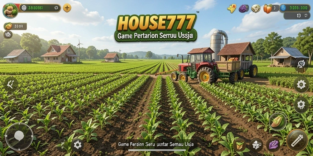 Tampilan gameplay HOUSE777 dengan kebun yang indah dan hewan peliharaan.